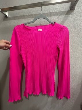 Hot Pink Ribbed Long-Sleeve Crewneck Top